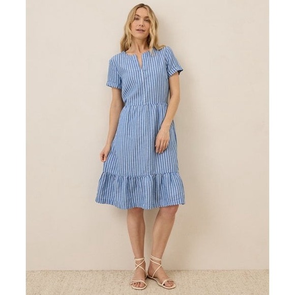 Pact Dresses & Skirts - Pact Canopy Linen Blend Notch Neck Striped Midi Dress Blue White L NWOT